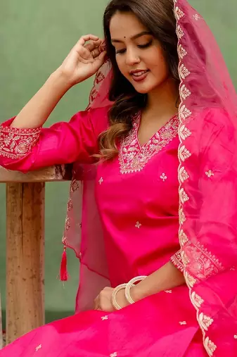 Pink color silk blend embroidery graceful kurta set for girls