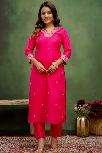 Pink color silk blend embroidery graceful kurta set for girls