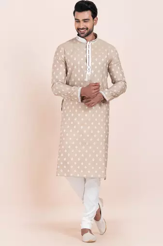 Brown cotton jacquard  premium designer festive wear kurta pyjama set