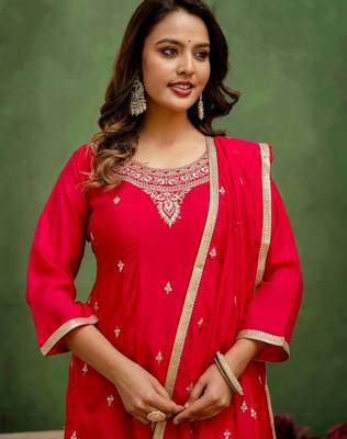 Pink color silk blend embroidery graceful kurta set for girls 3