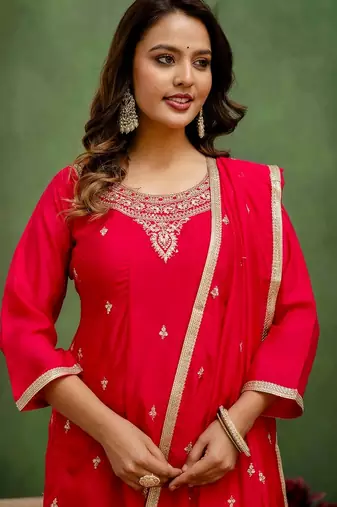 Pink color silk blend embroidery graceful kurta set for girls