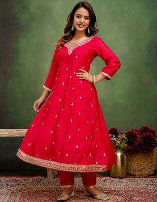 Pink color silk blend embroidery graceful kurta set for girls 4