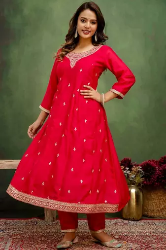 Pink color silk blend embroidery graceful kurta set for girls