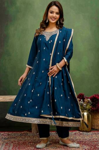 Teal color silk blend fabric designer embroidery work graceful designer kurta set for girls