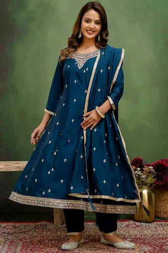 Teal color silk blend fabric designer embroidery work graceful designer kurta set for girls