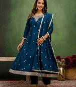Teal color silk blend fabric designer embroidery work graceful designer kurta set for girls