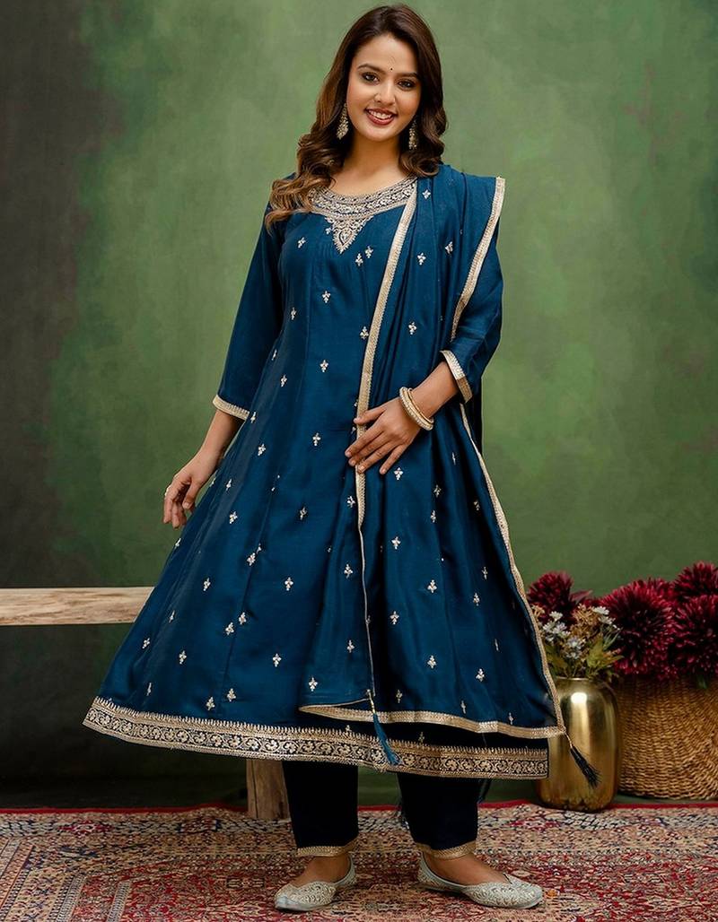Teal color silk blend fabric designer embroidery work graceful designer kurta set for girls