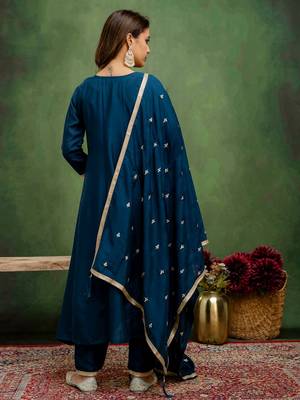 Teal color silk blend embroidery graceful kurta set for girls 2