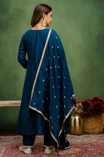 Teal color silk blend embroidery graceful kurta set for girls