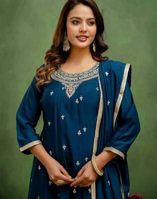 Teal color silk blend embroidery graceful kurta set for girls 3