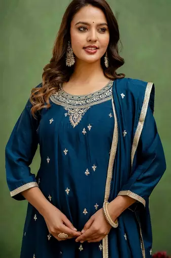 Teal color silk blend embroidery graceful kurta set for girls