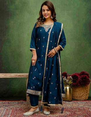 Teal color silk blend embroidery graceful kurta set for girls 4