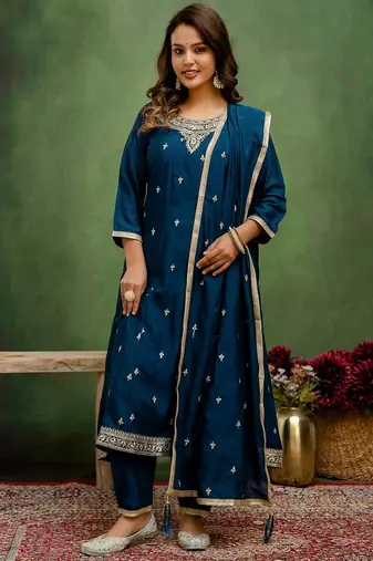 Teal color silk blend embroidery graceful kurta set for girls