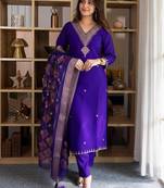 Purple color silk blend fabric designer embroidery work graceful designer kurta set for girls