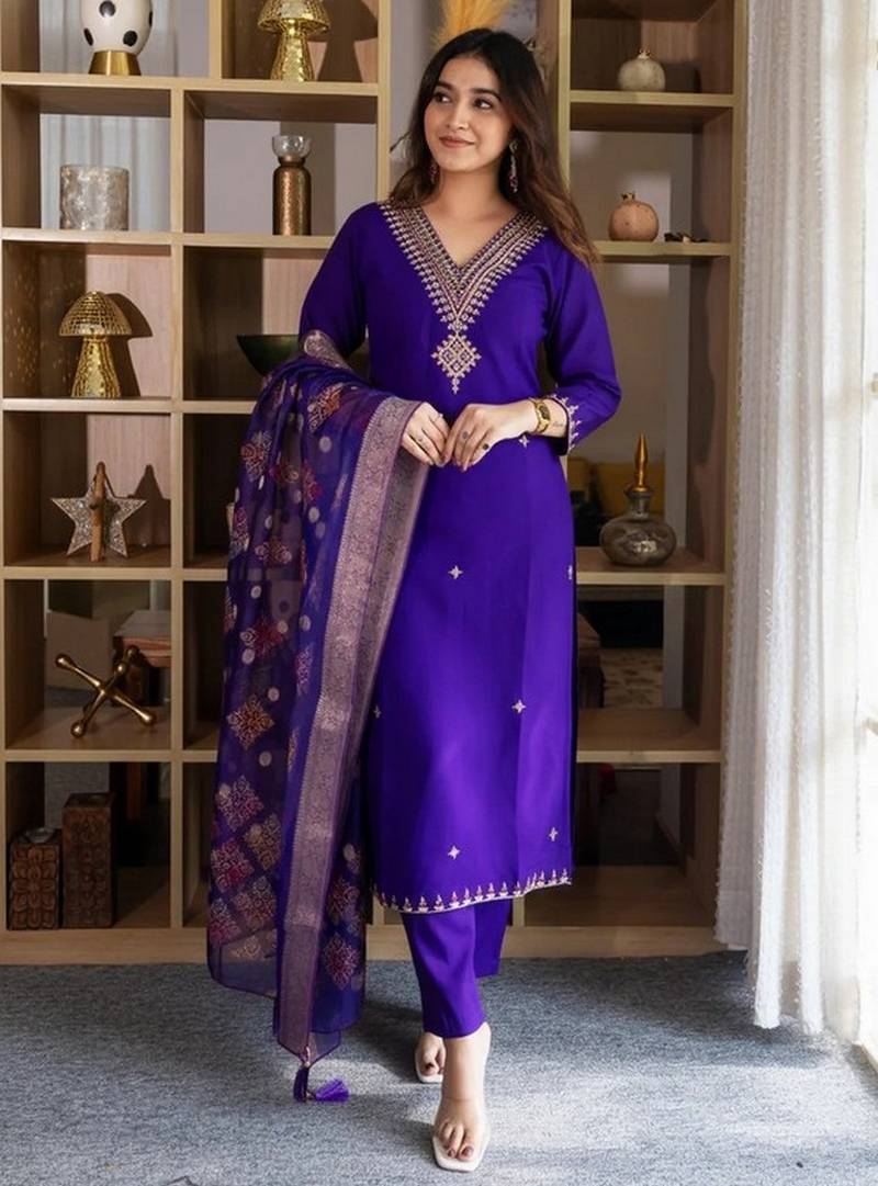 Purple color silk blend fabric designer embroidery work graceful designer kurta set for girls