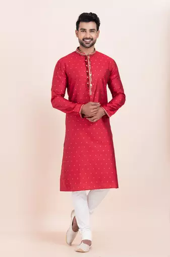 Red cotton jacquard  premium designer festive wear kurta pyjama set