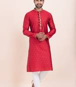 Red cotton jacquard  premium designer festive wear kurta pyjama set