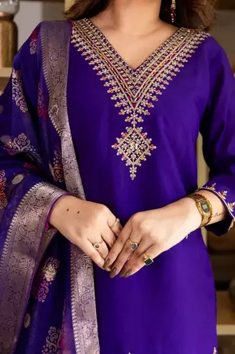 Purple color silk blend embroidery graceful kurta set for girls
