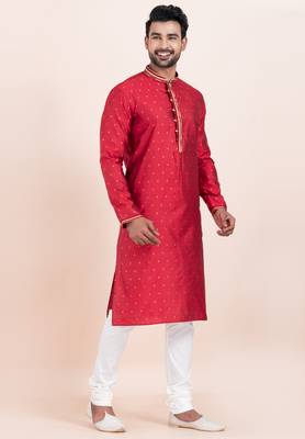 Red cotton jacquard  premium designer festive wear kurta pyjama set 2