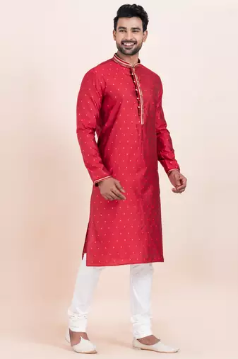 Red cotton jacquard  premium designer festive wear kurta pyjama set