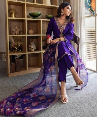 Purple color silk blend embroidery graceful kurta set for girls 4