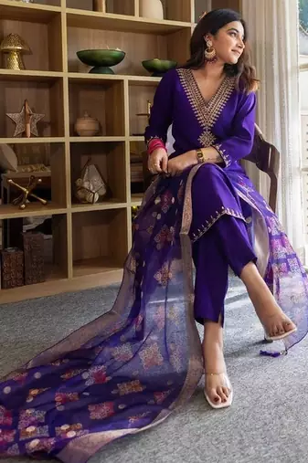 Purple color silk blend embroidery graceful kurta set for girls