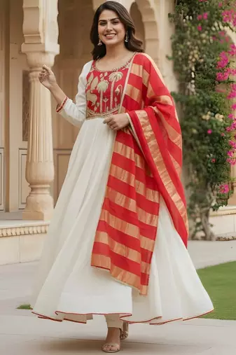 Off white color rich girlie looks silk   fabric embroidered readymade partywear suit for girl