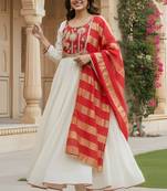 Off white color rich girlie looks silk   fabric embroidered readymade partywear suit for girl
