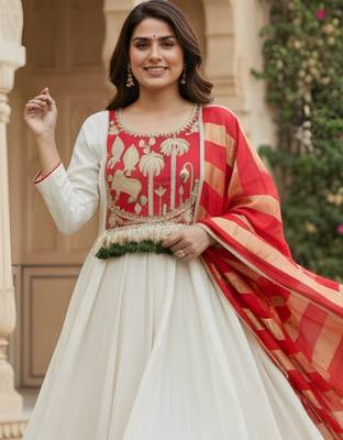 Off white color rich looks silk embroidered readymade partywear suit for girl 3