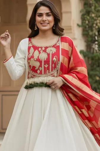 Off white color rich looks silk embroidered readymade partywear suit for girl
