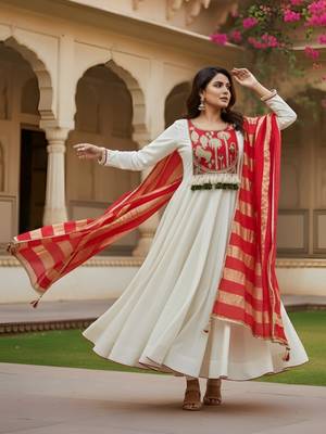 Off white color rich looks silk embroidered readymade partywear suit for girl 4