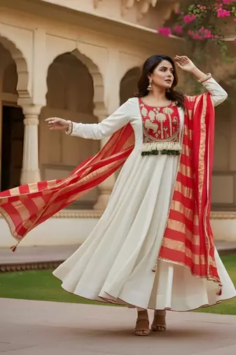 Off white color rich looks silk embroidered readymade partywear suit for girl