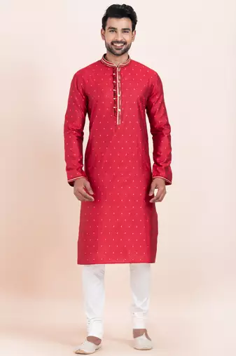 Red cotton jacquard  premium designer festive wear kurta pyjama set
