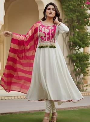 Off white color rich looks silk embroidered readymade partywear suit for girl 1