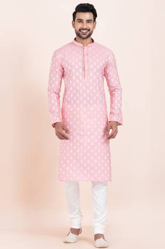 Pink cotton jacquard  premium designer festive wear kurta pyjama set