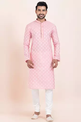 Pink cotton jacquard  premium designer festive wear kurta pyjama set