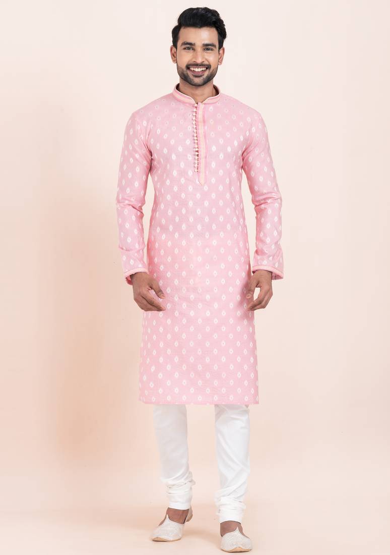 Pink cotton jacquard  premium designer festive wear kurta pyjama set