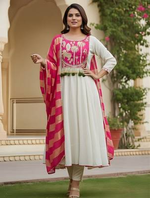 Off white color rich looks silk embroidered readymade partywear suit for girl 2