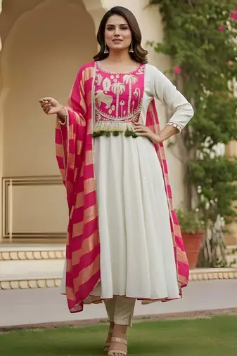 Off white color rich looks silk embroidered readymade partywear suit for girl