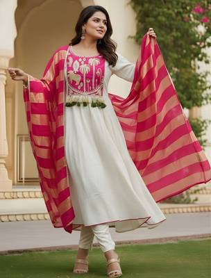 Off white color rich looks silk embroidered readymade partywear suit for girl 3