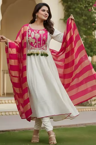 Off white color rich looks silk embroidered readymade partywear suit for girl