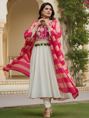 Off white color rich looks silk embroidered readymade partywear suit for girl 4