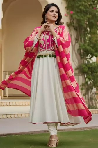 Off white color rich looks silk embroidered readymade partywear suit for girl