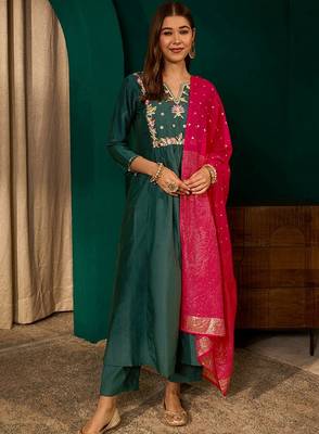 Green color rich looks silk slub embroidered readymade partywear suit for girl 1