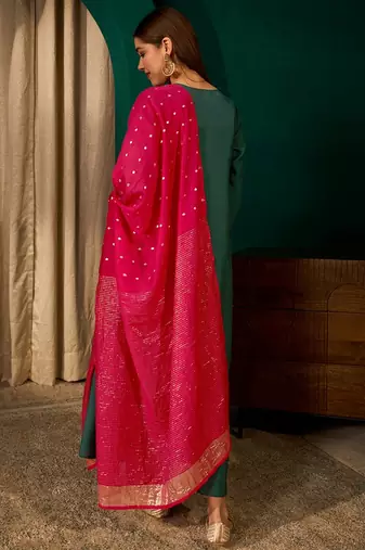Green color rich looks silk slub embroidered readymade partywear suit for girl