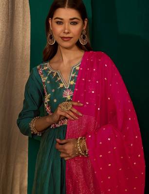 Green color rich looks silk slub embroidered readymade partywear suit for girl 3