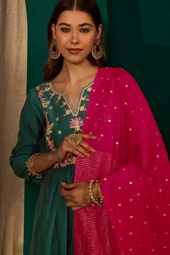 Green color rich looks silk slub embroidered readymade partywear suit for girl