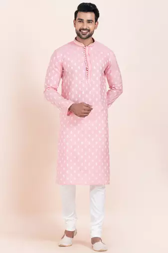 Pink cotton jacquard  premium designer festive wear kurta pyjama set