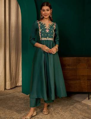 Green color rich looks silk slub embroidered readymade partywear suit for girl 4