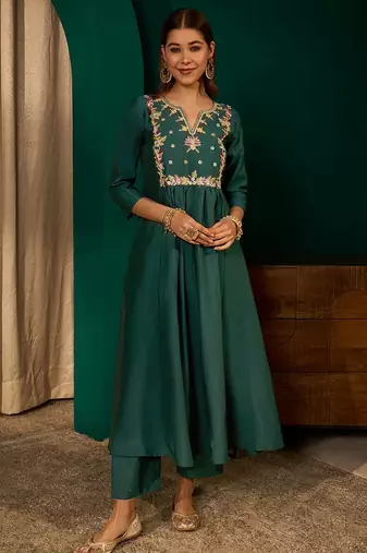 Green color rich looks silk slub embroidered readymade partywear suit for girl